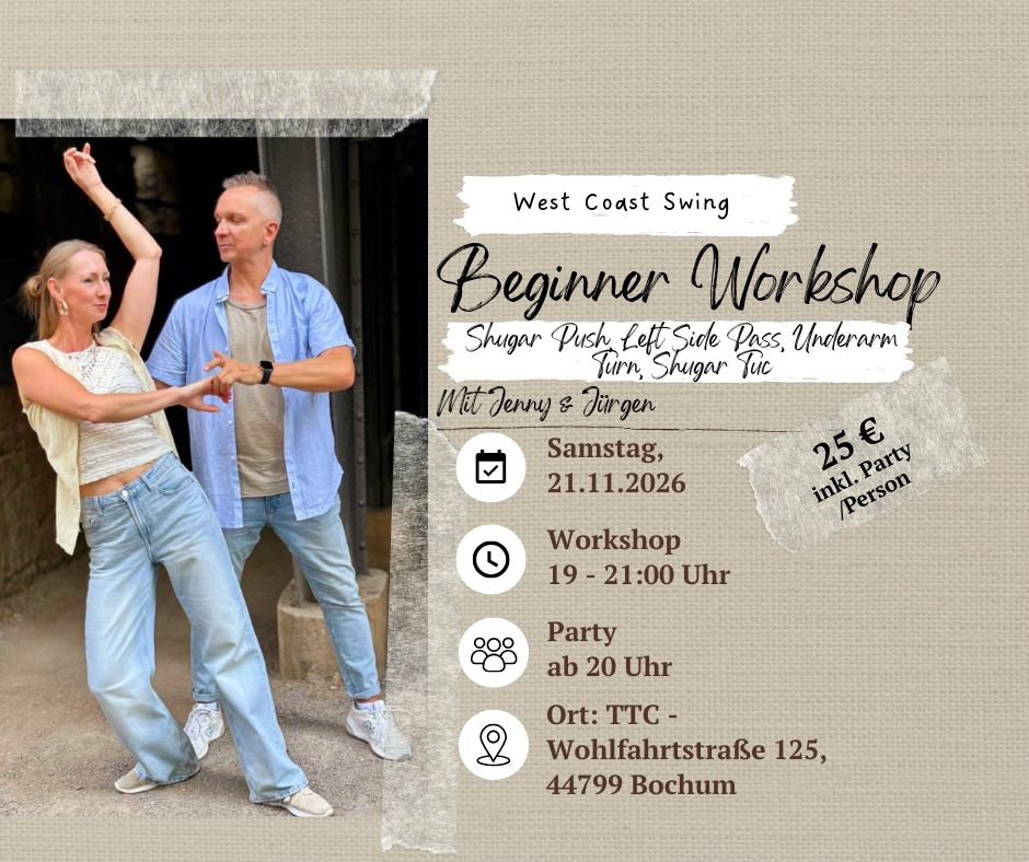 West Coast Swing Bochum WCS Tanzen – Angebot beginnerworkshop mit den Daten wann, wo, Preis und Trainer