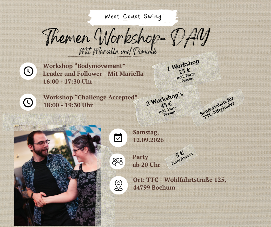 West Coast Swing Bochum WCS Tanzen – Angebot Workshop Day mit den Daten wann, wo, Preis und Trainer