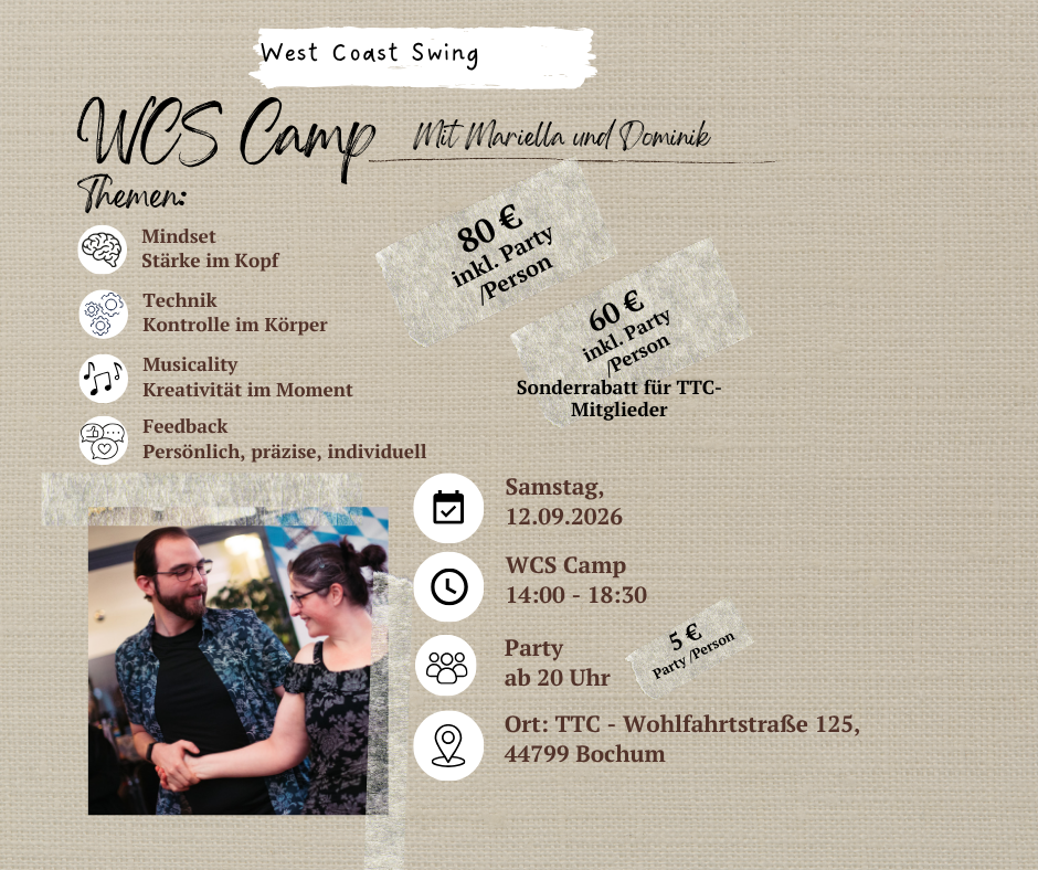 West Coast Swing Bochum WCS Tanzen – Angebot Workshop WCS Camp mit den Daten wann, wo, Preis und Trainer